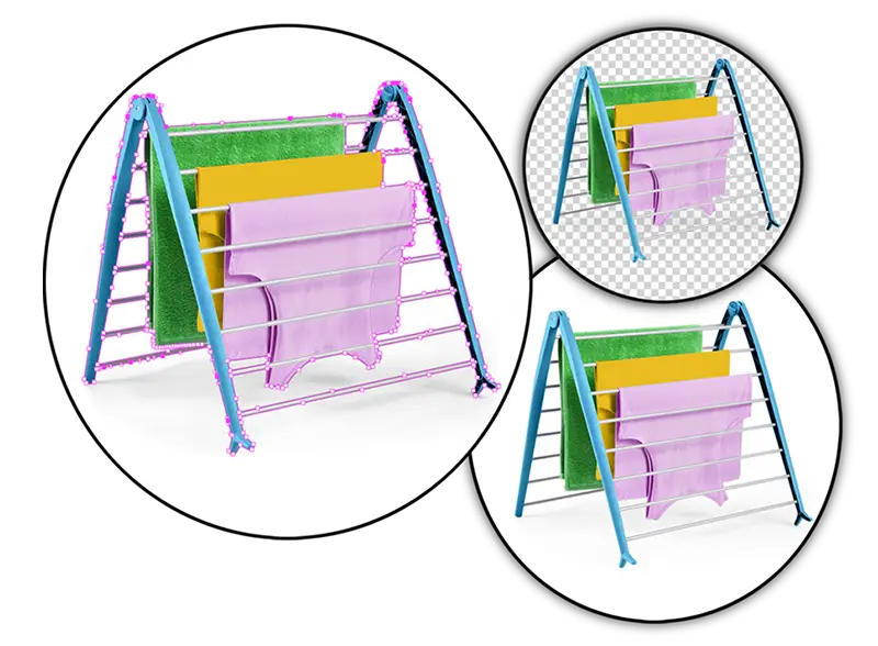 A composite image showing three views of a colorful, foldable drying rack. The rack is displayed in three different color schemes: one with pink sides and rods, another with blue sides and rods, and a close-up showing the rack holding towels and mats. This image benefits from professional clipping path service for precise detailing.