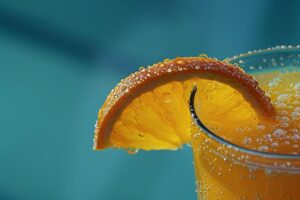 A close-up of a cold beverage in a glass, garnished with a slice of orange. The glass and orange slice are covered in condensation, suggesting the drink is refreshing and chilled. The background is blurred.