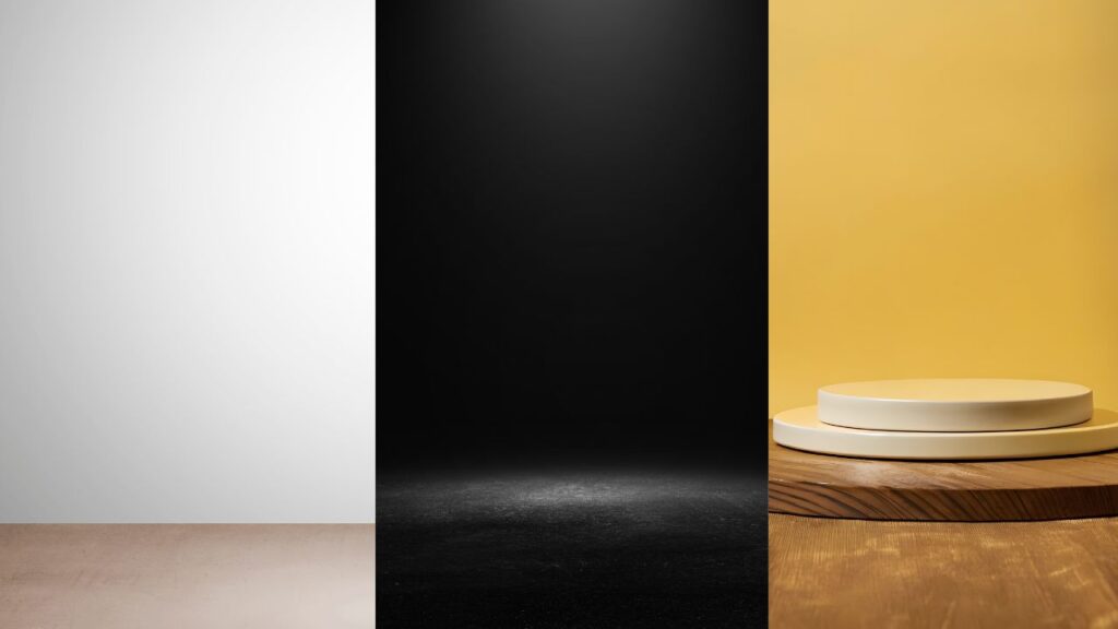 Comparison of white, black, and creative colored backgrounds for professional product photography and eCommerce images.