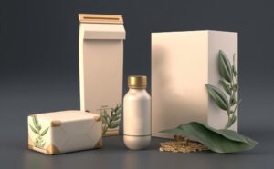 A collection of beige-colored, eco-friendly packaging is displayed against a dark background. It includes a tall box, a carton, a bottle, and a wrapped package, all adorned with minimalistic leaf designs.