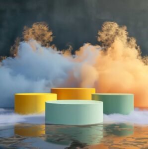 Four objects are shown in a water surface, different colors of smokes are showing as a background.