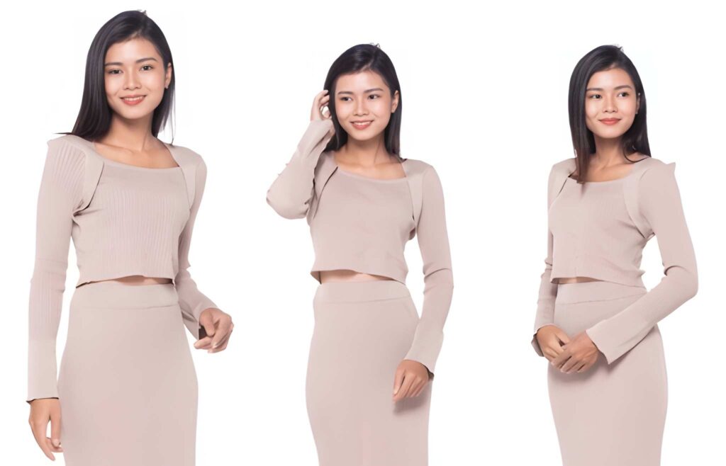 A model wearing a beige cropped long-sleeve top paired with a matching high-waisted skirt, posing from multiple angles.
