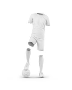 Floating soccer uniform consisting of a shirt, shorts, socks, and cleats. One cleat is resting on a soccer ball. The entire set is white and appears against a plain white background.