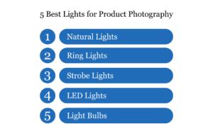 five best lights for product photography: natural, ring, strobe, LED, and light bulbs.