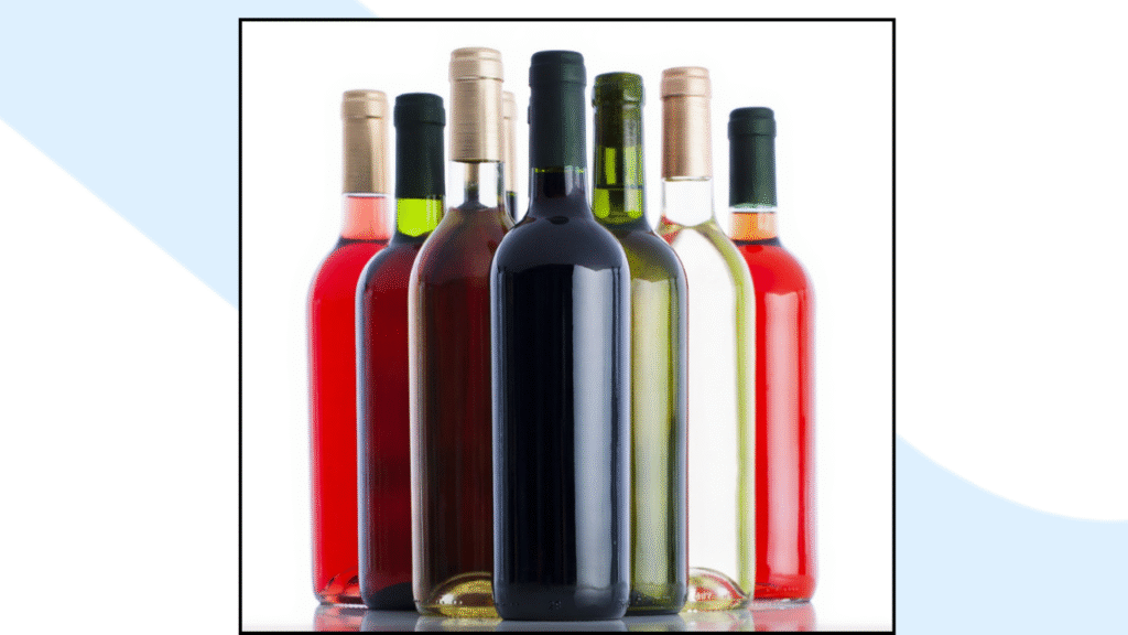 A collection of wine bottles in various colors—red, white, and rosé—with a prominent black bottle centered, photographed on a pure white background to avoid any color mismatch.