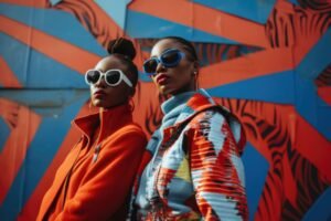 Two women in sunglasses and an orange coat stand together, exuding confidence and style in a bright outdoor setting. 