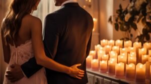 A couple embracing near numerous lit candles in a romantic setting.