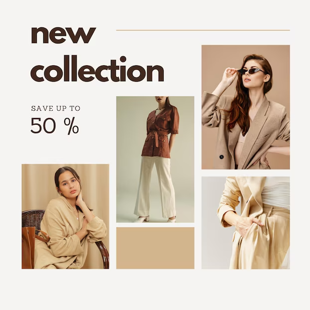 A stylish collage catalog showcasing a new clothing collection with various outfits, featuring discounts of up to 50%.