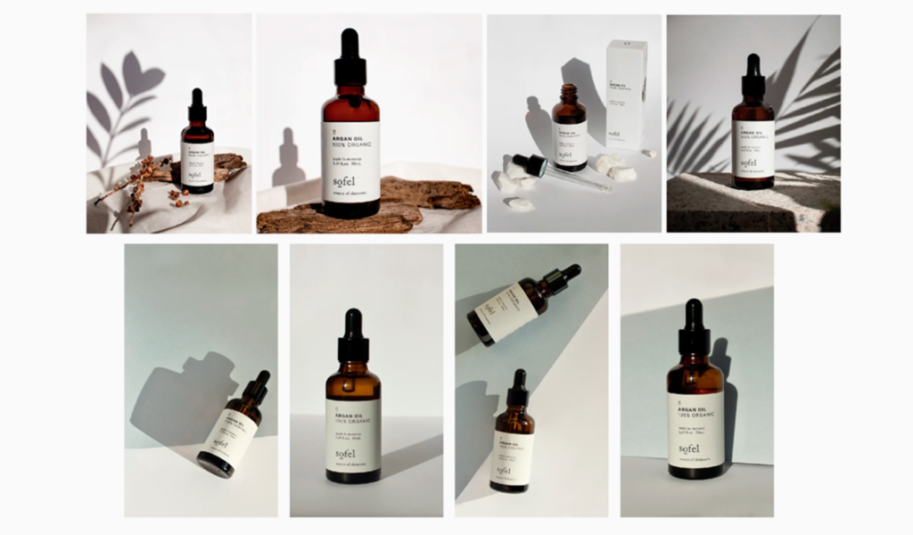 A collage of various amber glass skincare oil bottles displayed with natural elements and shadows on a light background.