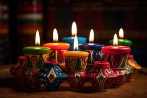 Multiple colorful lit clay candles on a wooden surface with a blurry background.