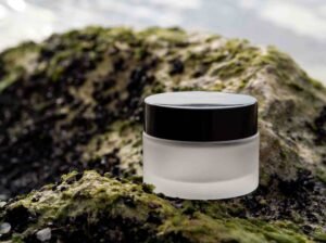 a white jar sitting on top of a moss covered rock