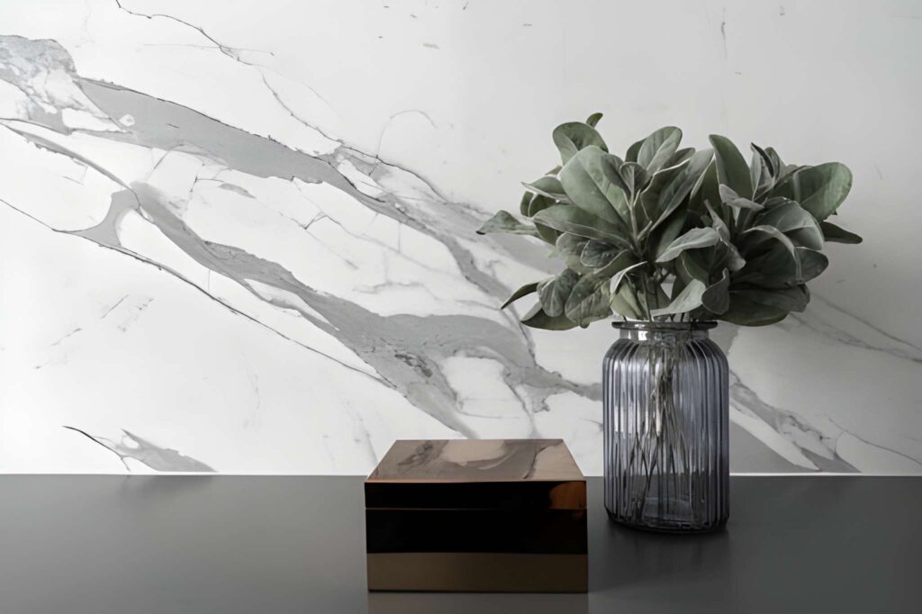 A minimalist table scene featuring a glass vase with greenery and a sleek black box against a marble-patterned wall.