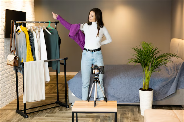 Woman in a stylish outfit poses with a purple jacket, gesturing towards a clothing rack in a well-decorated room with a camera nearby.