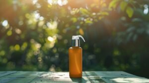 a bottle of soap sitting on top of a wooden table in an open space.