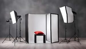 a lightbox with a chair and product photography lighting setup