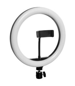 a white ring light on a black stand