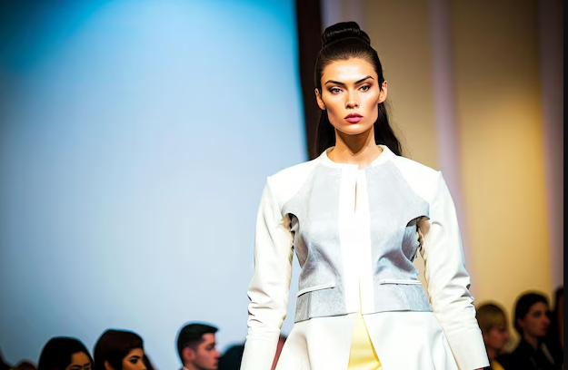 A model walks the runway in a stylish white and grey outfit, showcasing contemporary fashion against a blurred audience background.