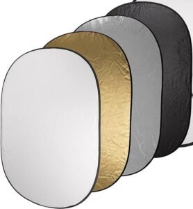 a set of four scrims: white, golden, grey, and black.