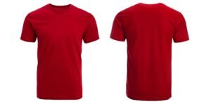 Two red t-shirts showing front and back view on a white background. 