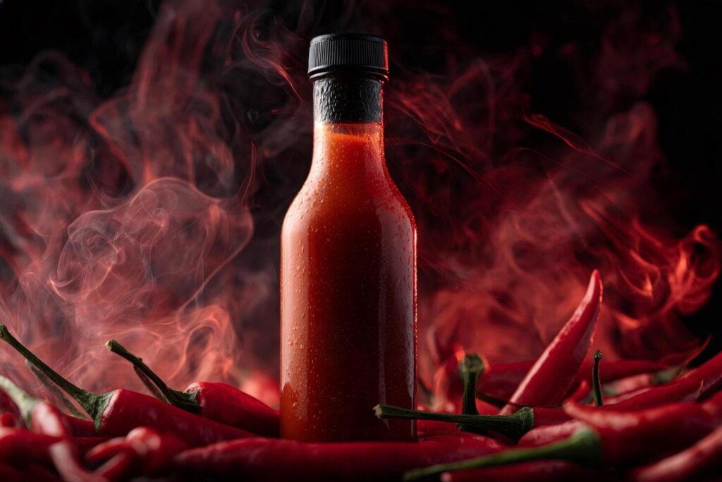 A glass bottle of hot sauce surrounded by vibrant red chili peppers, with a smoky background adding a spicy atmosphere.