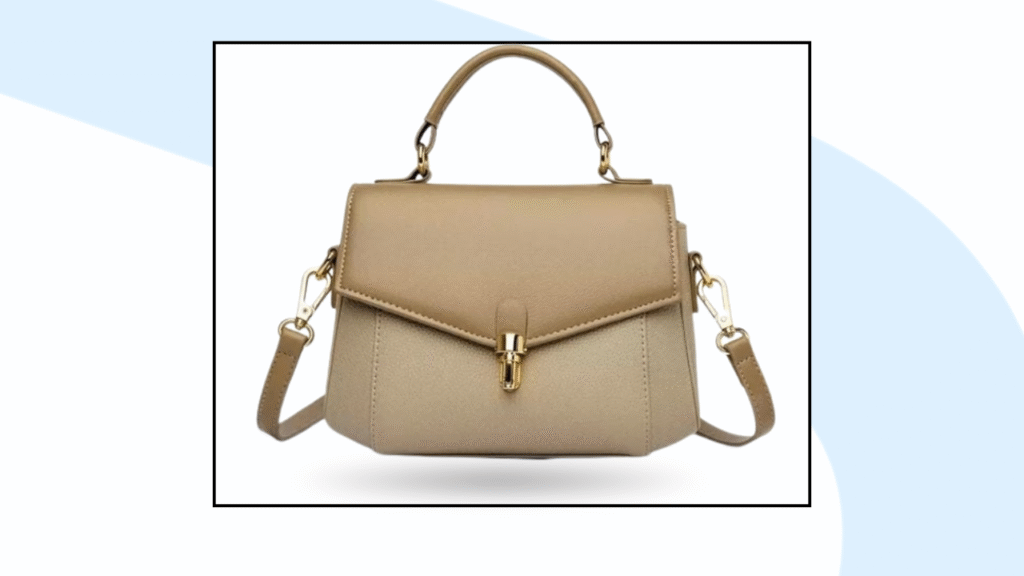 A stylish beige handbag with a structured design, top handle, detachable shoulder strap, and gold clasp closure, photographed on a clean white background that enhances first-impression visibility.