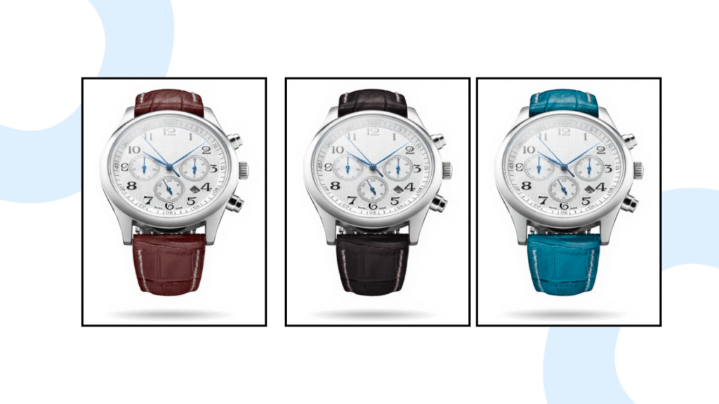 Three stylish silver watches displayed side by side with burgundy, brown, and turquoise leather straps, photographed on a white background to create consistent branding.