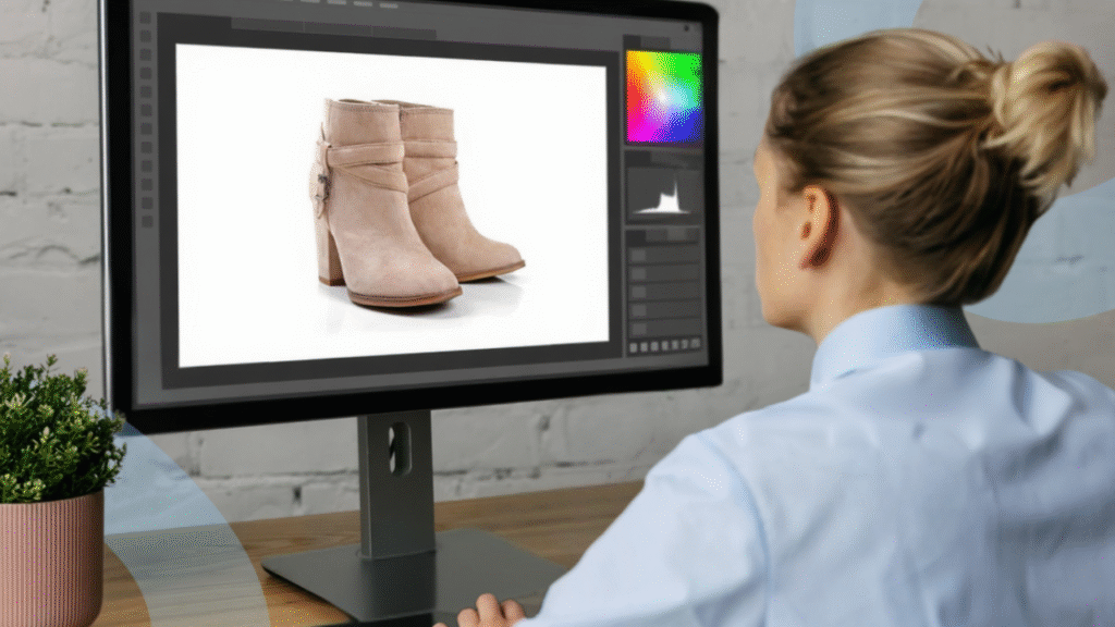 A person looking at a computer screen displaying beige ankle boots on a white background, which makes editing simple; a potted plant sits on the desk.