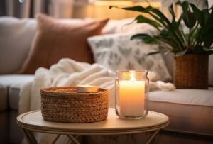 A lit candle in a glass jar beside a smaller candle on a woven basket, with a cozy bedroom background.