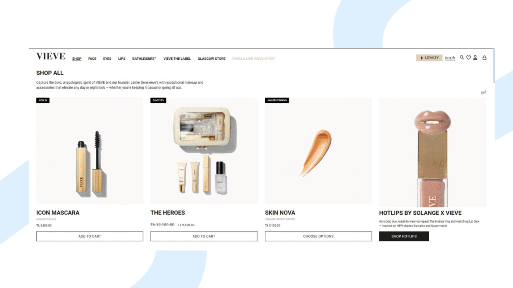 VIEVE website displaying makeup products—including mascara, a skincare set, primer, and a lip duo—shown on a white background that works across different platforms.