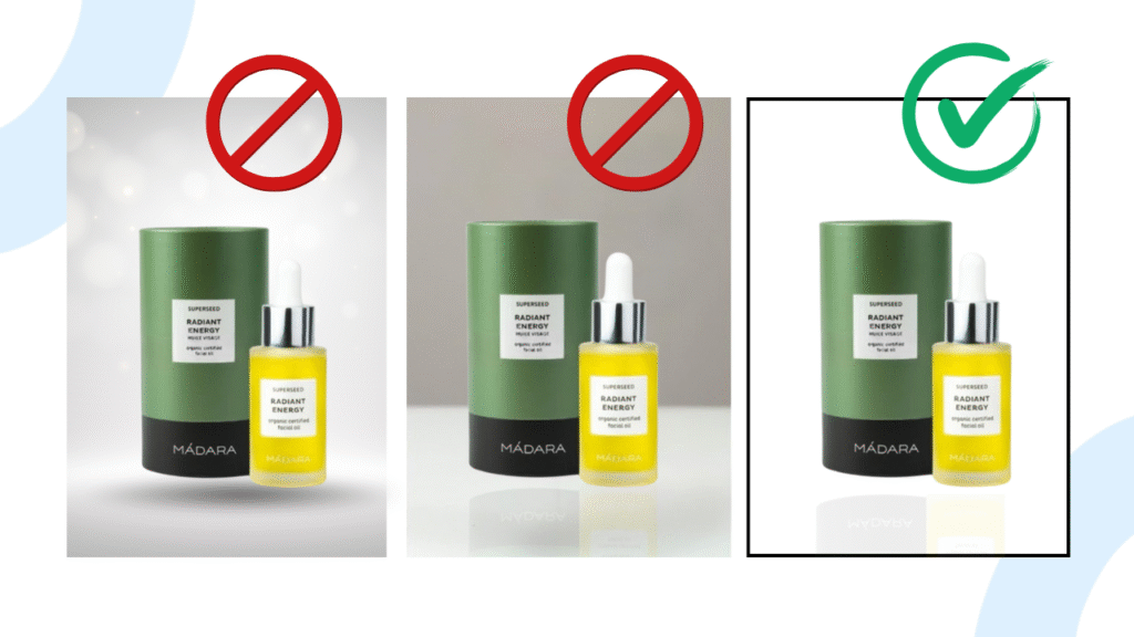 Three product photos of MÁDARA’s SUPERSEED RADIANT ENERGY facial oil on a white background; two images are labeled ‘not allowed,’ and one is labeled ‘correct’ with a check mark.