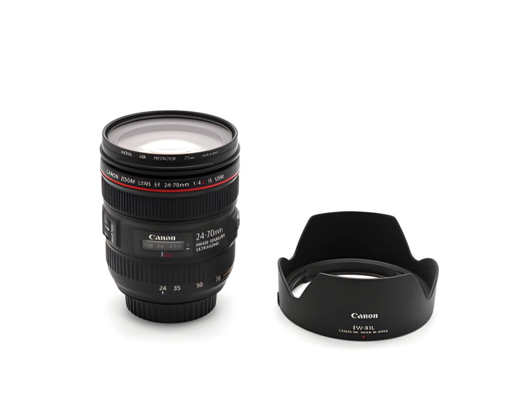 Closeup canon zoom lens with lens hood isolated on white background