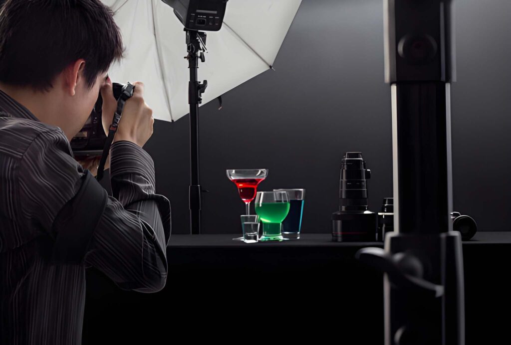 A photographer captures three colorful drinks in a studio setup. A red martini and two other glasses with green and transparent liquids are under bright lighting.