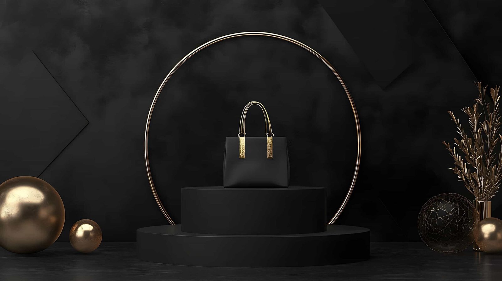 Black background for product photography example: a stylish black handbag on a pedestal with elegant gold accents, placed under a circular light, flanked by decorative golden spheres and foliage.