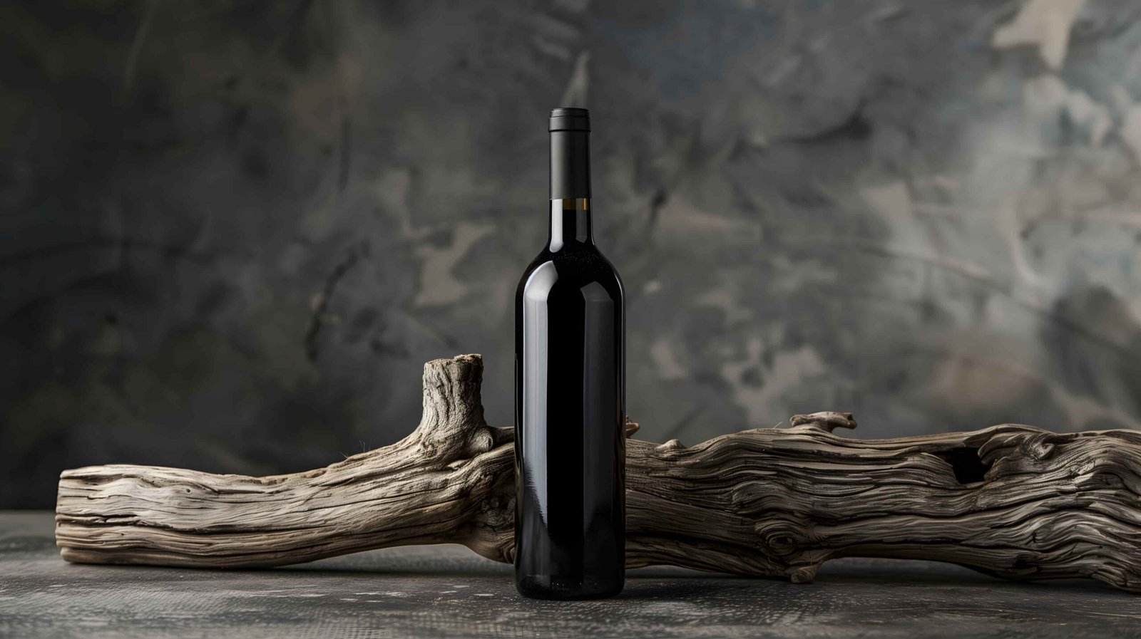 A dark wine bottle product photography on a wooden surface with a textured driftwood piece.