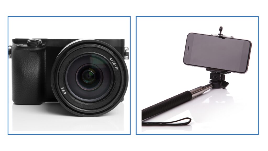 A high-quality camera with a large lens on the left, and a smartphone mounted on a selfie stick on the right.
