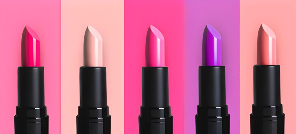 Five open black lipstick tubes display shades of bright pink, nude, fuchsia, vibrant purple, and peachy pink against vertically striped pink and purple backgrounds.