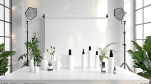 A white table adorned with various plants and decorative cosmetic white bottles, lighting setup creating a fresh and vibrant atmosphere in a white background.