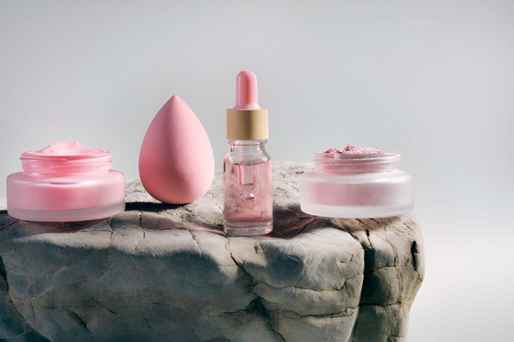 Pink beauty products, including a sponge, serum dropper bottle, and two jars of cream/powder, sit on a rough, light-colored stone against a pale background.