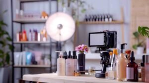 A camera alongside an array of beauty products displayed neatly on a table, showcasing a blend of cosmetic product photography.