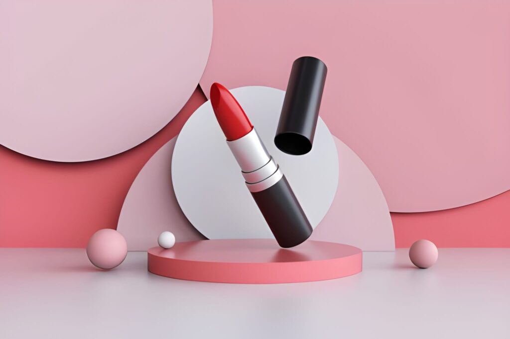 Lipstick mockup on a pink pedestal with abstract geometric shapes, demonstrating a creative backdrop for makeup product photography.