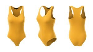 Three ghost mannequin photography of a yellow women's swimsuit on a white background.