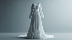 Elegant long-sleeved white gown displayed without a model against a gray background, presenting ghost mannequin photography.