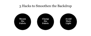 Graphic with text "3 Hacks to Smoothen the Backdrop" and three circles listing: Steam the Fabric, Clamp the Fabric, Avoid Main Light.