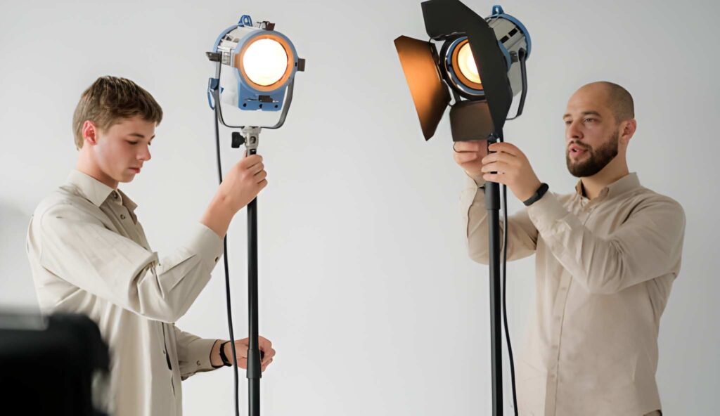 Two individuals adjust studio lighting equipment, each holding different types of lights in front of a neutral background.