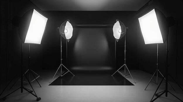 A black and white photo studio setup with four bright softbox lights illuminating an empty backdrop, creating a professional and dramatic atmosphere.