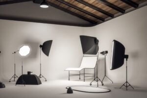 A photo studio featuring professional lighting equipment and a chair, ready for photography sessions.