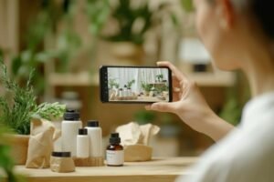 Phone product photography: Person taking a photo of skincare products with a smartphone.