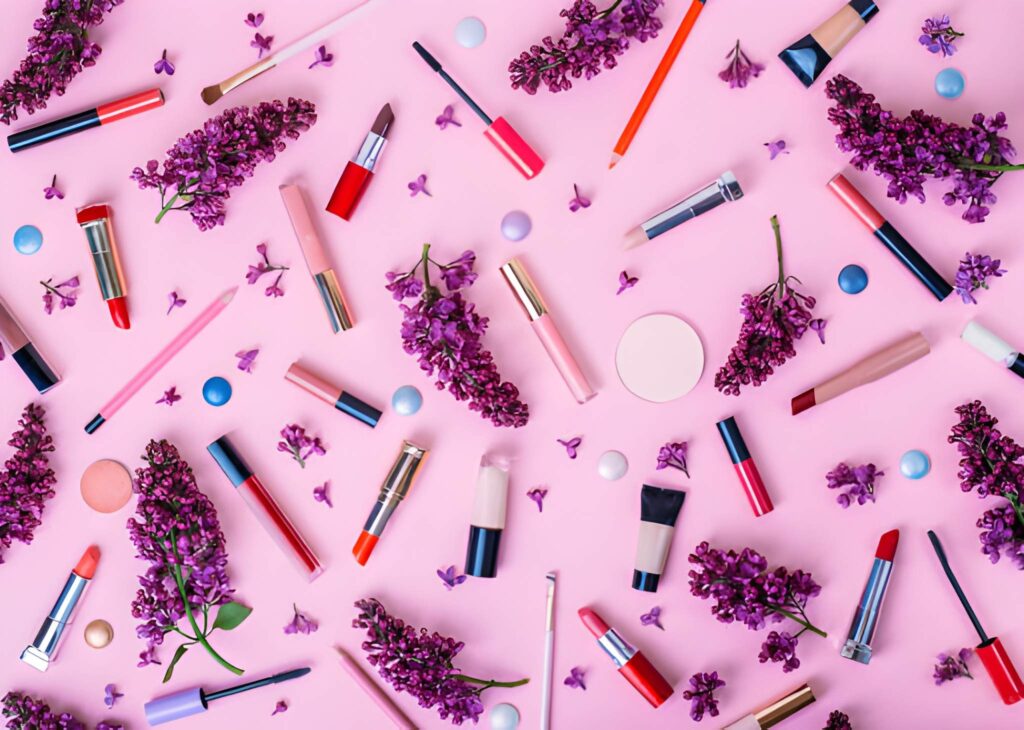 Assortment of pink and red makeup products scattered across a light pink background interspersed with vibrant purple lilac flower sprigs.