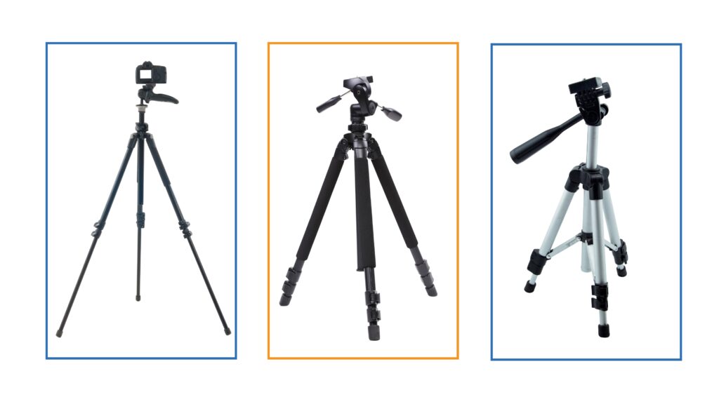 Three camera tripods are displayed side by side. The first is black with a mounted camera, the second is plain black, and the third is silver with black accents.