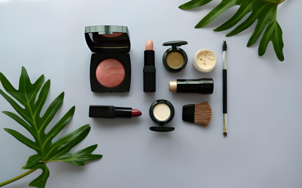 Theme-based makeup product photography featuring cosmetic packaging and makeup on a purple background.